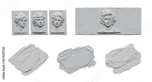 Gray sculpted portraits and smears of gray paint on a white background in a studio setting view