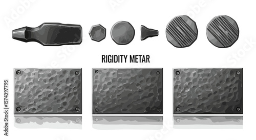 Illustration of metal shapes and square plates with screws labeled rigidity metar text art