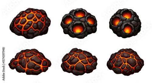 Collection of six stylized lava rocks and volcanic stones with glowing cracks and fiery interiors