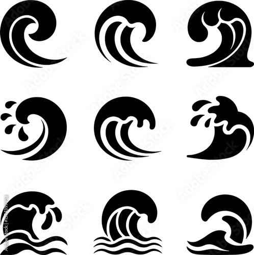 Black stylized ocean water waves cresting and splashing vector