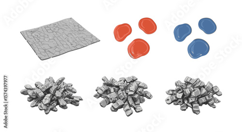 Assorted game assets featuring a stone tile red and blue gems and three piles of gray stone pieces
