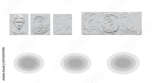 White textured panels featuring a face and swirl patterns with three round shapes below them
