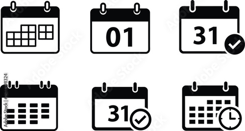 Calendar Icon Set – 6 Minimal Schedule and Date Symbols Including Grids, Day Numbers, Checkmarks, and Clock Overlay