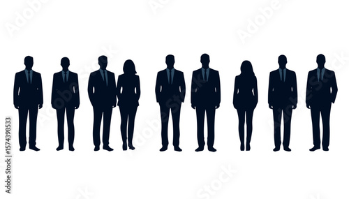Group of business silhouettes by glass wall in minimal vector style