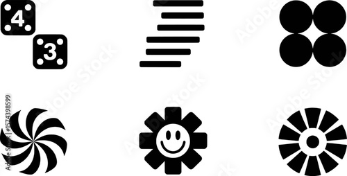 Dice bars circles happy face pinwheel and radial pattern icons vector