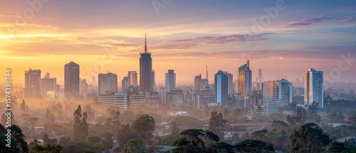 Wallpaper Mural Panoramic view of Nairobi's modern skyline at dawn, with skyscrapers rising above a misty cityscape bathed in warm hazy morning light. ai generative Torontodigital.ca