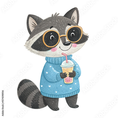 Cute Cartoon Cat Enjoying Coffee and Milk