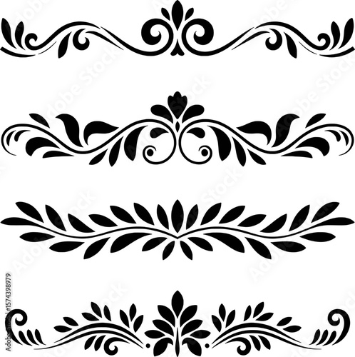 Elegant black floral ornamental dividers and borders white