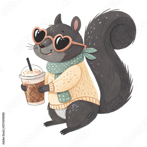 Cute cartoon cat and mouse having tea and coffee with other happy animal friends