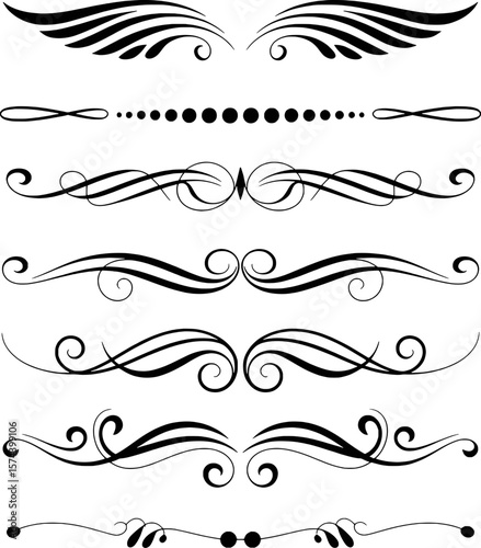 Elegant black ornamental dividers and flourishes with swirling patterns and dots white