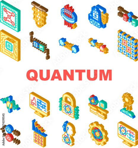 quantum computer qubit icons set vector