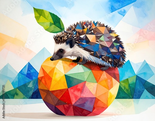 Hedgehog on a colorful polygon apple