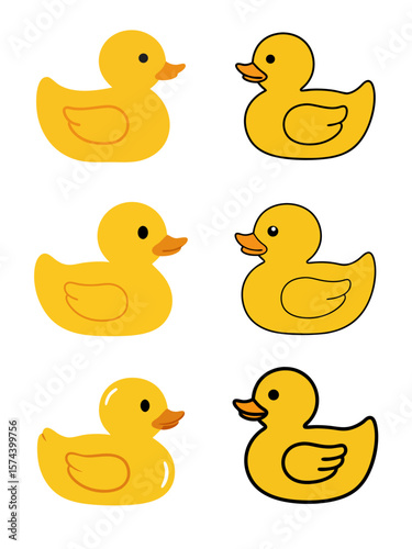 Cute Rubber Ducklings Bath Toy Flat Design Vector Illustration Set - Childhood Play Graphic