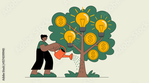 investor watering a money tree with ideas and coins, vector illustration for funding innovation, startup investment growth and monetizing creative concepts