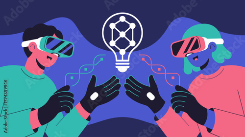 two vr users collaborating on a shared idea, vector illustration for innovation in a virtual space, metaverse teamwork and digital co-creation