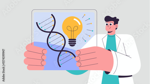 scientist holding screen with dna helix and idea lightbulb, vector illustration for a medical breakthrough, genetic research and biotechnology innovation