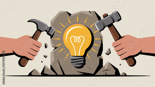 creator's hands with hammers carving a lightbulb from stone, vector illustration for sculpting an idea, crafting perfection and the process of innovation
