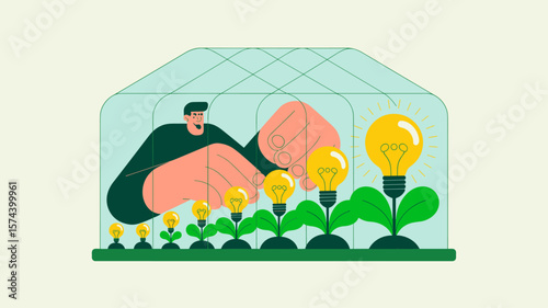 innovator cultivating lightbulbs in a greenhouse, vector illustration for nurturing creative ideas, cultivating innovation and business growth