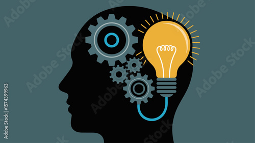 human head silhouette with gears powering a lightbulb, vector illustration for creative thinking, innovation and the problem-solving process