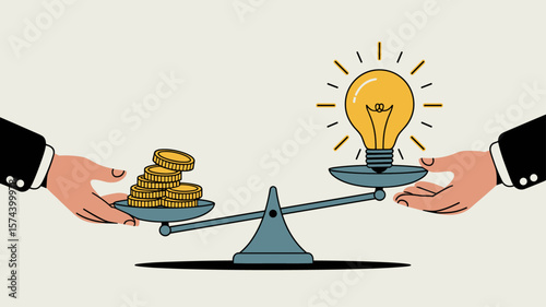 hands balancing money and a lightbulb on a scale, vector illustration for the value of an idea, startup investment and innovation funding