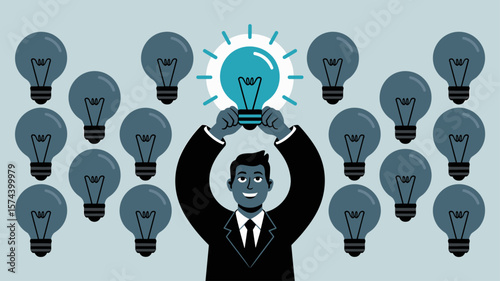 businessman holding a shining lightbulb among dim ones, vector illustration for a unique standout idea, market innovation and creative breakthrough