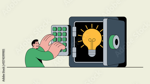 innovator unlocking a safe containing a glowing lightbulb, vector illustration for intellectual property protection, unlocking valuable ideas and innovation security