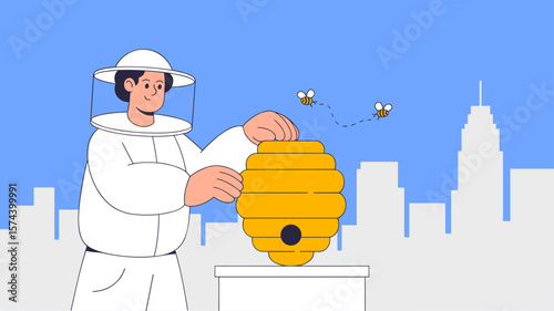 beekeeper tending to a beehive on a city rooftop, vector illustration for urban beekeeping, city biodiversity and sustainable agriculture