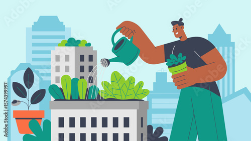 urban resident watering plants on a rooftop garden, vector illustration for urban greening, sustainable cities and rooftop agriculture