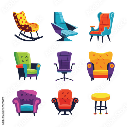 Collection of colorful cartoon chairs and stool vector illustration set
