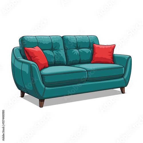 Modern teal sofa with red pillows vector illustration for interior design
