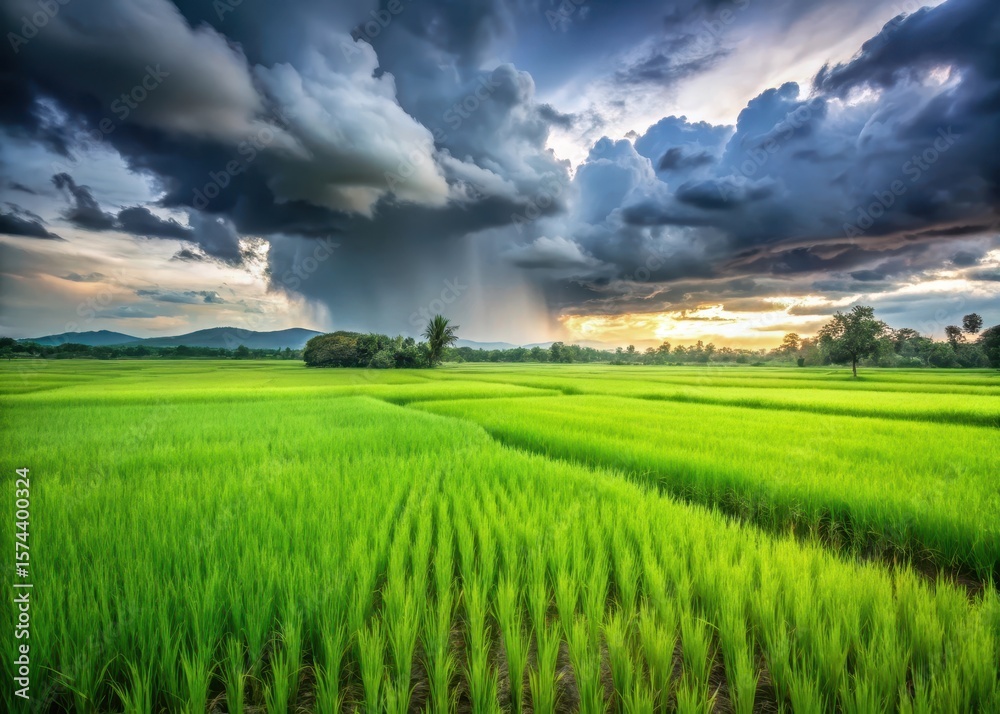 Obraz premium Dense green rice paddies under stormy sky with rain pouring down on them