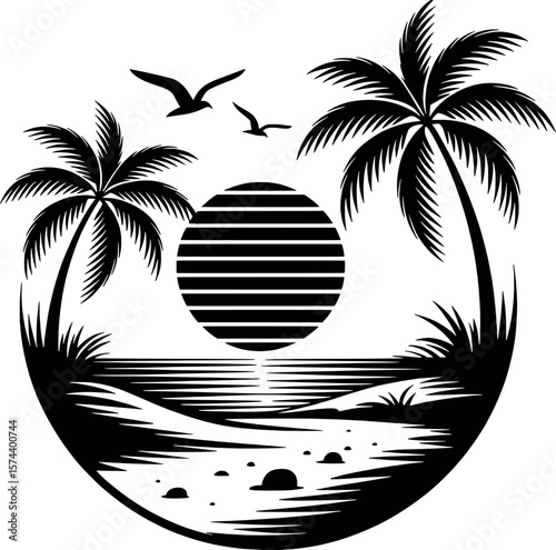 Tropical sunset scene with palm trees and ocean waves beach