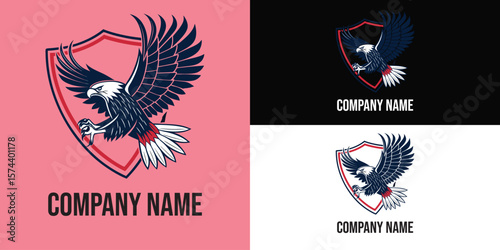 Vector art of a powerful eagle in flight, clutching its talons, depicted within a shield as a logo