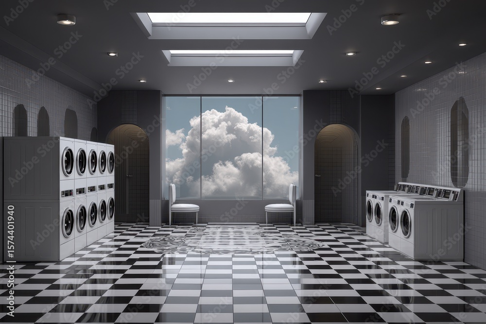Obraz premium Modern Laundry Room with Skylights and Cloudy Sky View