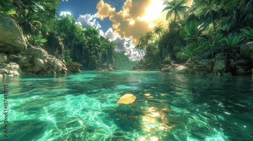 Calm Tropical River with Leaf Floating Among Green Forest Trees