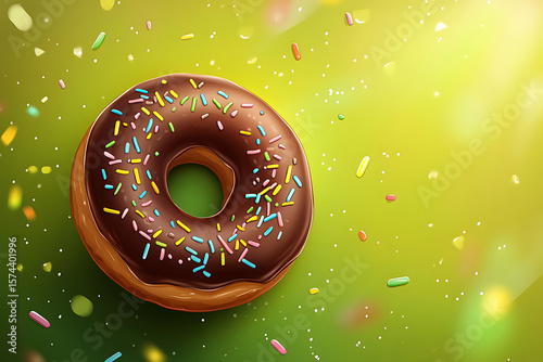 Colorful chocolate donut with sprinkles on a vibrant background filled with confetti