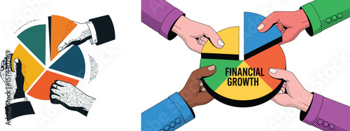 Hands holding a pie chart with financial growth written in the center and different colored sections