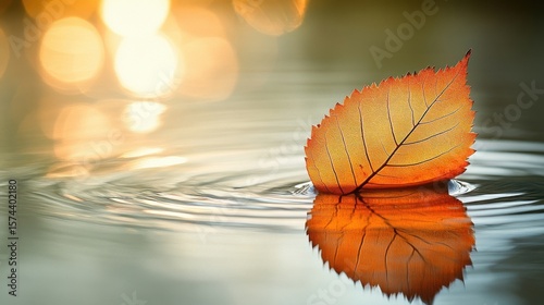 Single Orange Autumn Leaf Floating on Water Reflecting Light