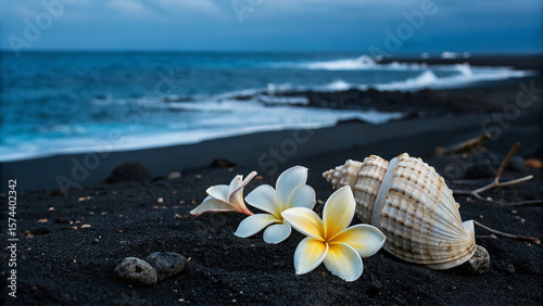 Fototapeta Naklejka Na Ścianę i Meble -  Three white and yellow frangipani flowers and a large seashell on black sand beach with ocean waves