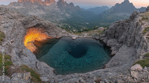 Turquoise Mountain Lake Surrounded by Rocky Peaks in Bright Sunlight