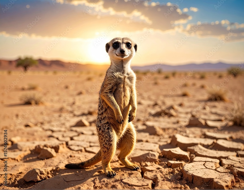 Fototapeta premium Meerkat in desert sunset (1)
