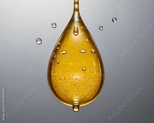 Golden liquid drop with bubbles and smaller droplets yellow