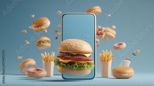 A smartphone displaying a hamburger with fast food items floating around it