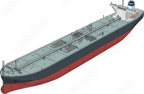A long oil tanker with a red bottom and a grey top on a white background in a digital rendering