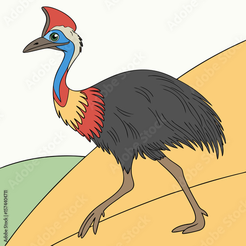 A vector cartoon illustration of a wild ostrich, isolated in black and white on a clean background