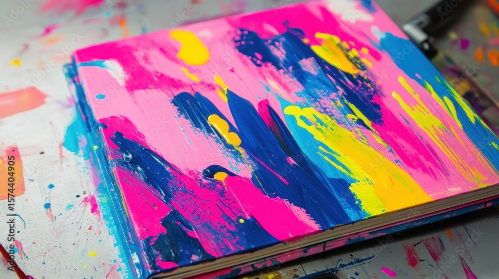 Obraz premium Bold and vibrant sketchbook cover, abstract paint splashes in neon pink, electric blue, and bright yellow, 