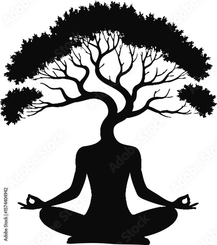 Human tree meditating in silhouette meditation yoga