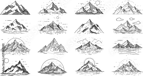 set of Mountain line art background, Black and white landscape wallpaper design for cover, invitation background, packaging design, wall art and print. Vector illustration.
on white background