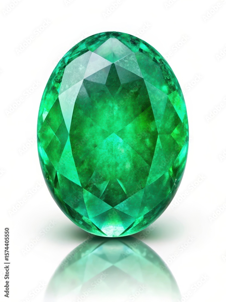 Fototapeta premium Oval emerald gemstone with high luster on white light background