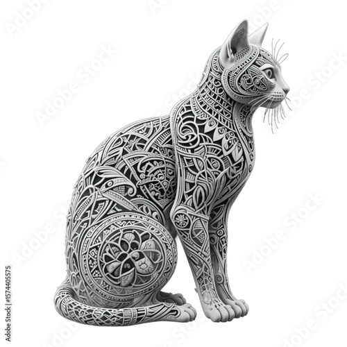 a cat in profile view, adorned with intricate tribal and mandala patterns